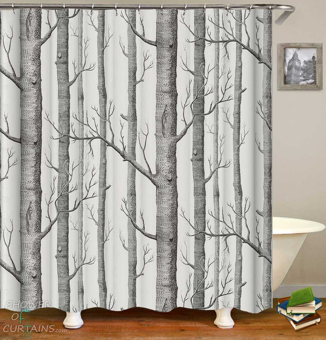 Shower Curtains with Grey Tree Trunks