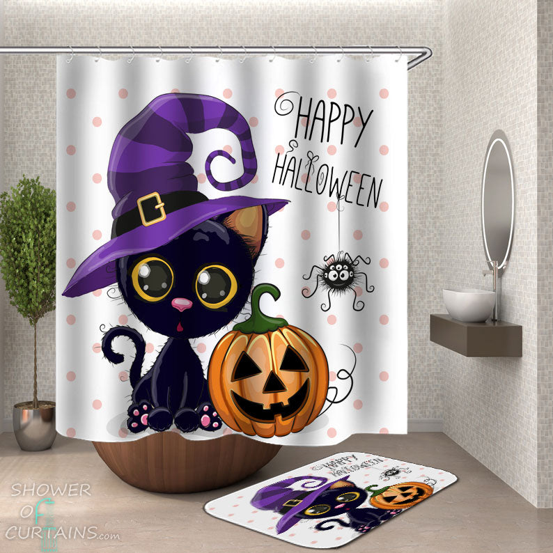 Shower Curtains with Halloween Cute Cat Witch