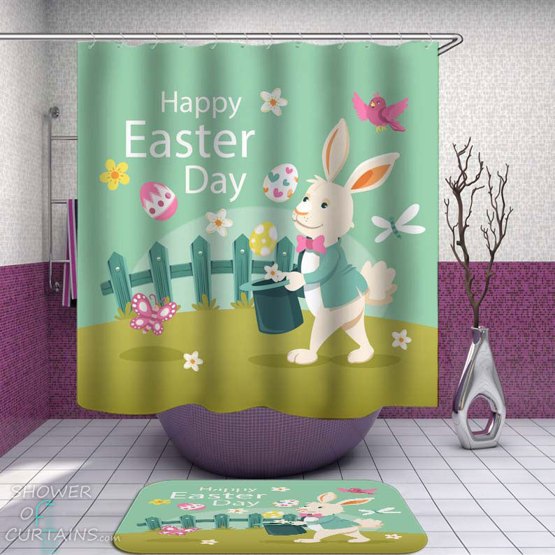 Shower Curtains with Happy Easter Day Easter Bunny