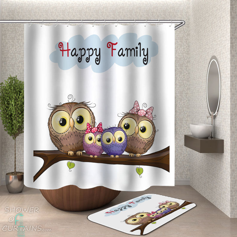 Shower Curtains with Happy Owls Family