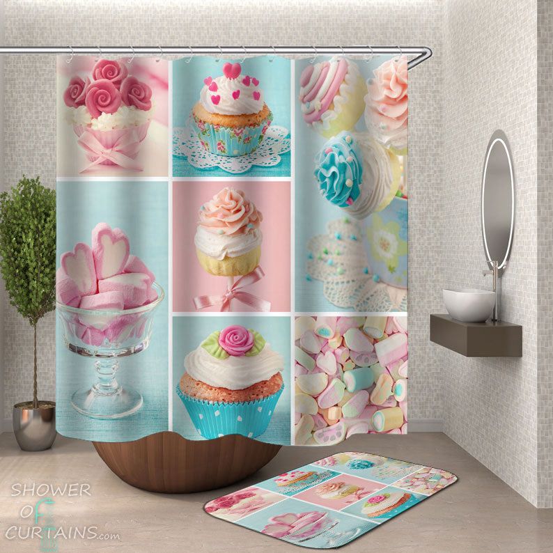Shower Curtains with Heart Candy and Cupcakes