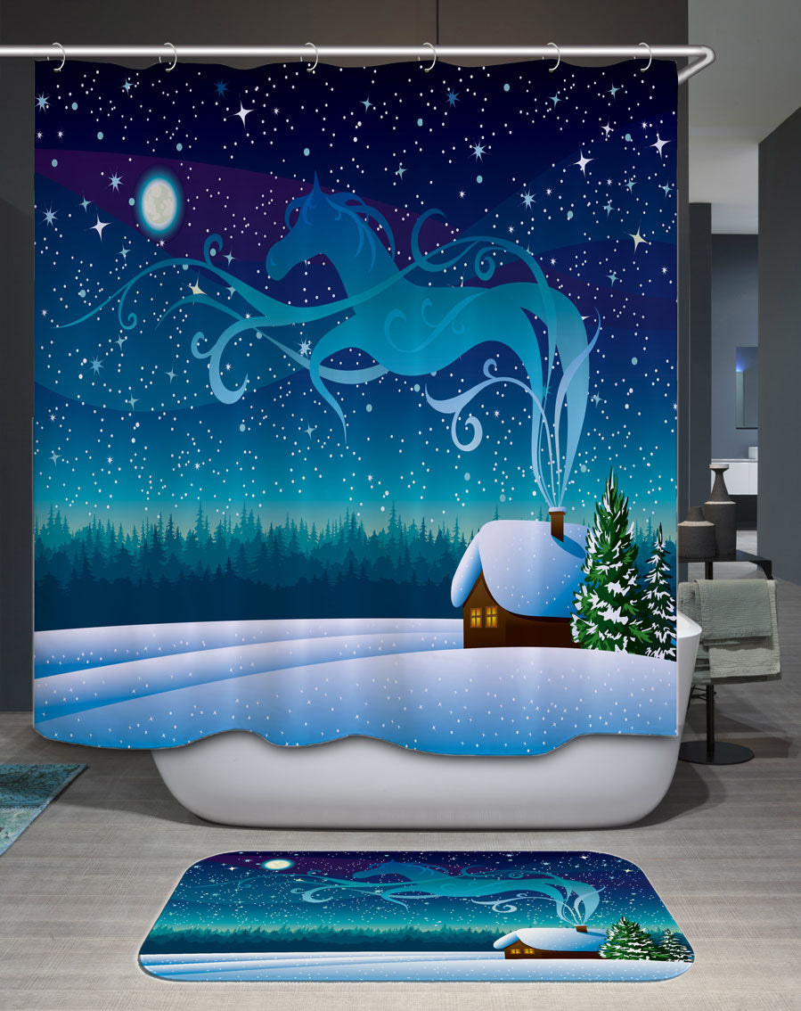 Shower Curtains with Horse Shaped Chimney Smoke at Winter Night