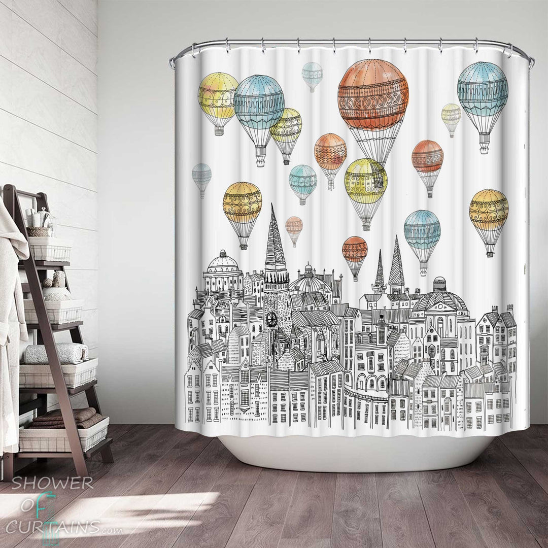 Shower Curtains with Hot Air Balloons Over the City