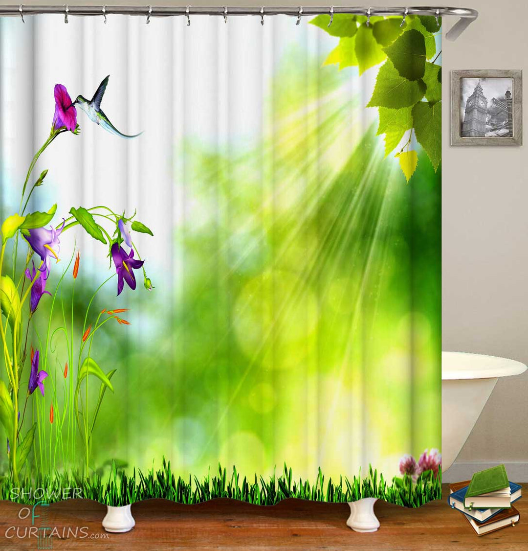 Shower Curtains with Hummingbird Sunshine Green