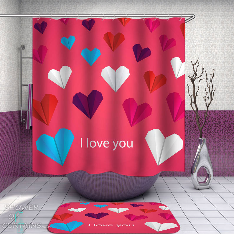 Shower Curtains with I Love You Origami Hearts