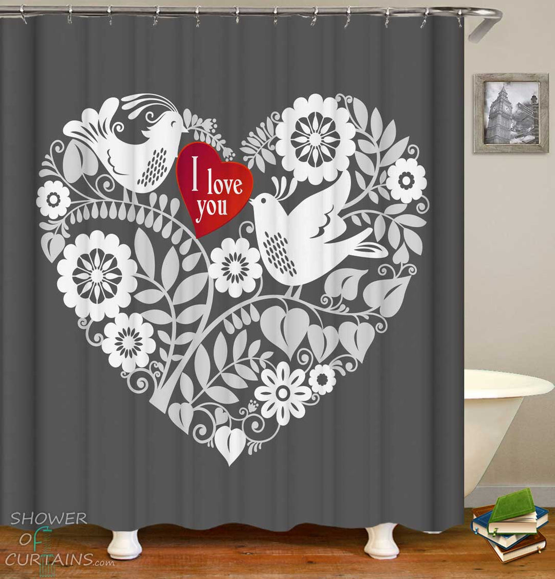 Shower Curtains with I Love You White Heart and Birds