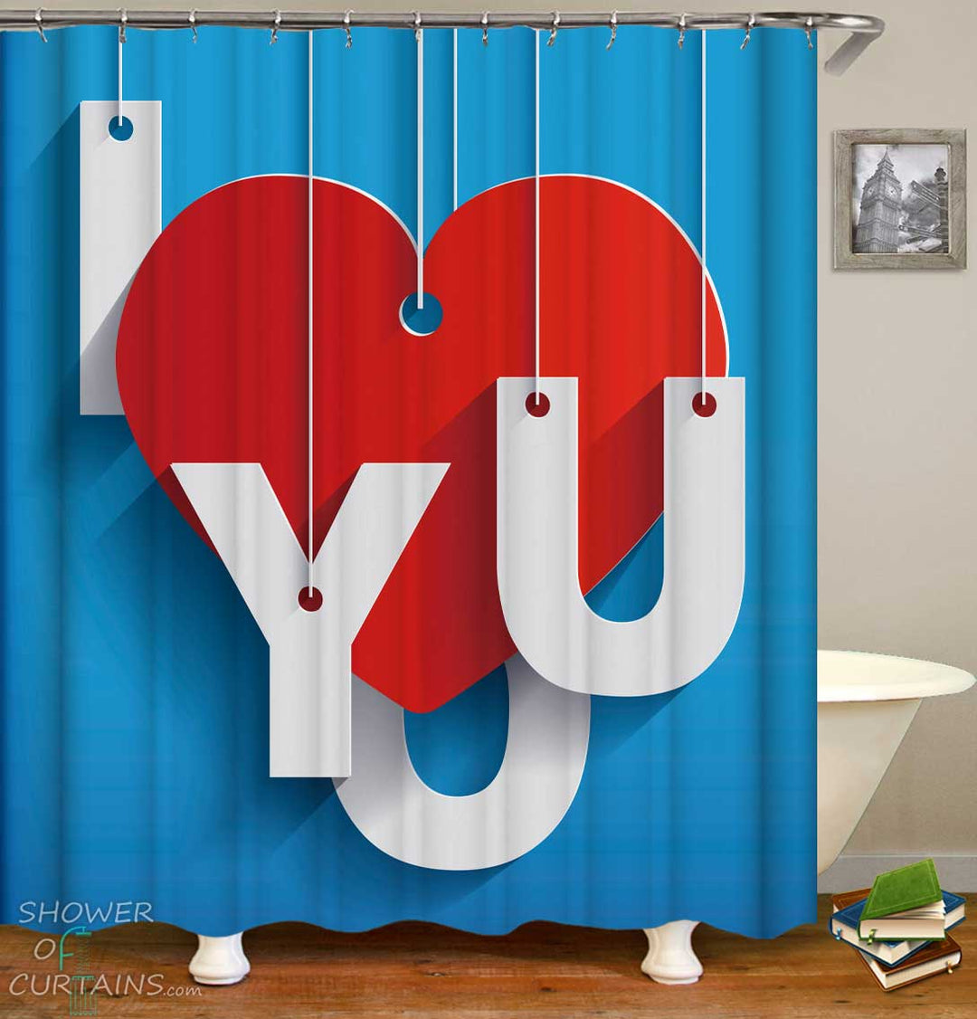 Shower Curtains with I Love You over Blue