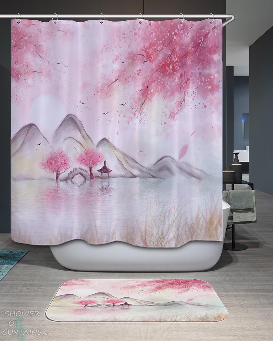 Shower Curtains with Japanese Cherry Blossom