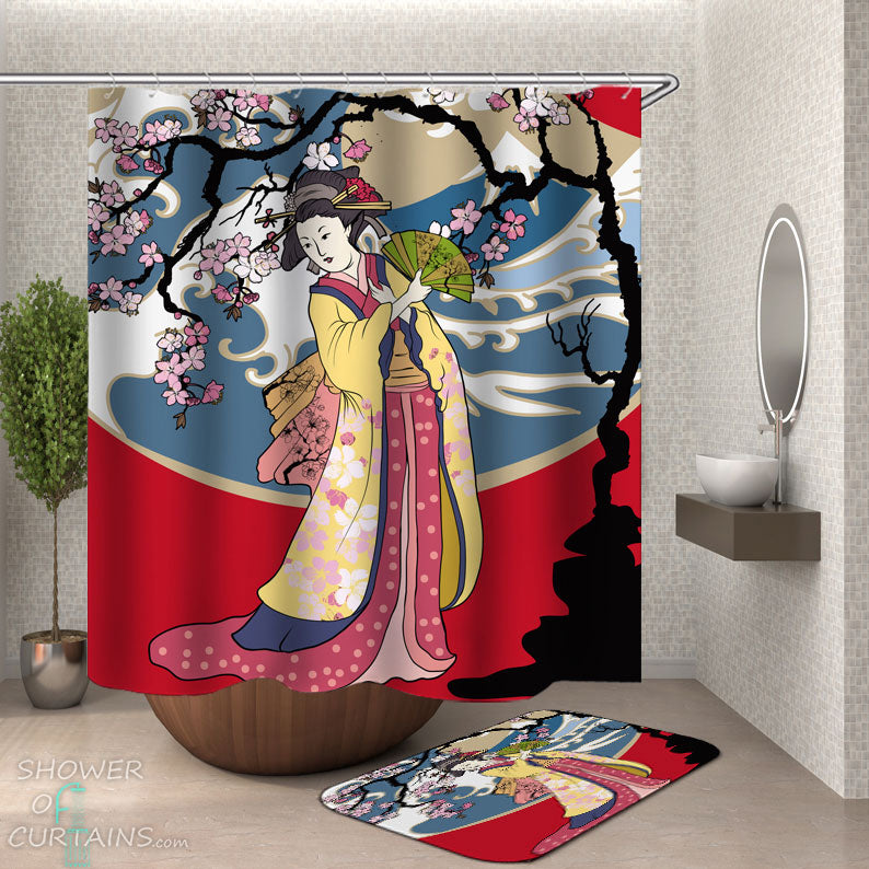 Shower Curtains with Japanese Geisha and Cherry Blossom