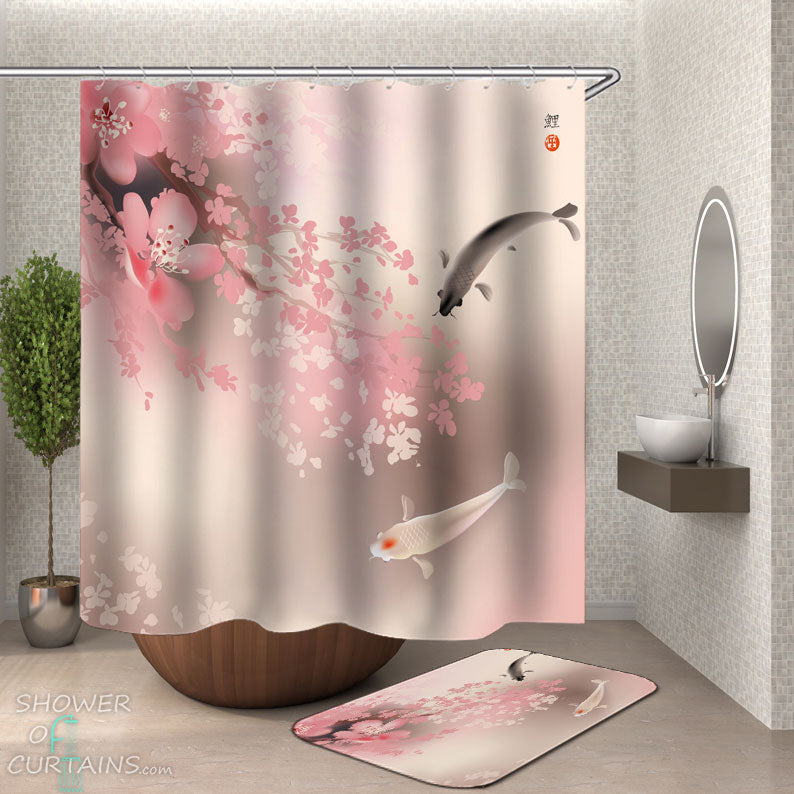 Shower Curtains with Japanese Koi Fish and Flowers