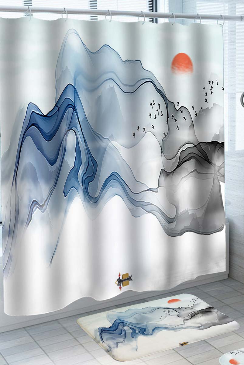 Shower Curtains with Japanese Painting Hidden Sun by the Mountains