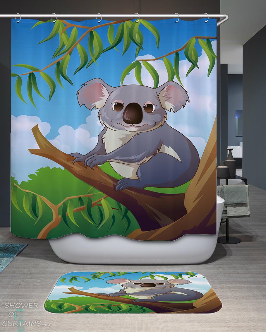 Shower Curtains with Kids Cartoon of a Cute Koala