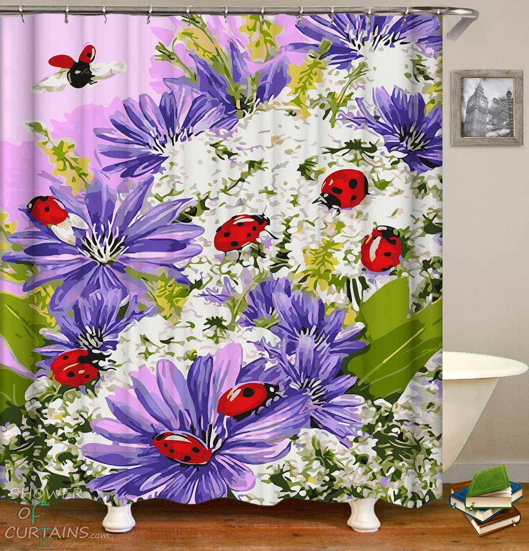 Shower Curtains with Ladybugs on Purplish and White Flowers