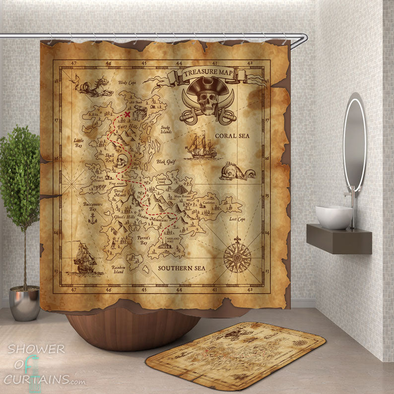 Shower Curtains with Leather Treasure Map