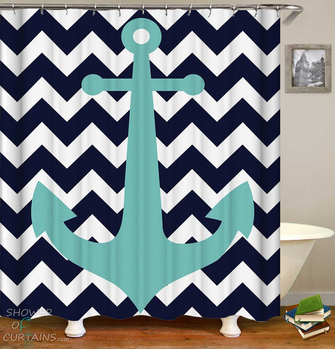Shower Curtains with Light Blue Anchor over Blue Chevron