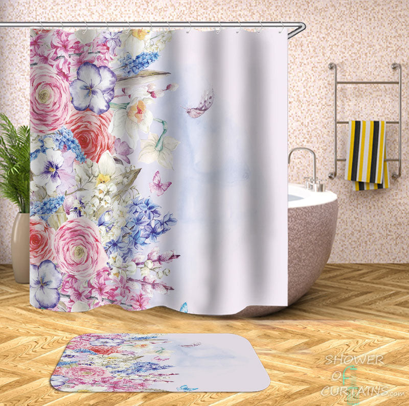 Shower Curtains with Light Color Flowers and Butterflies