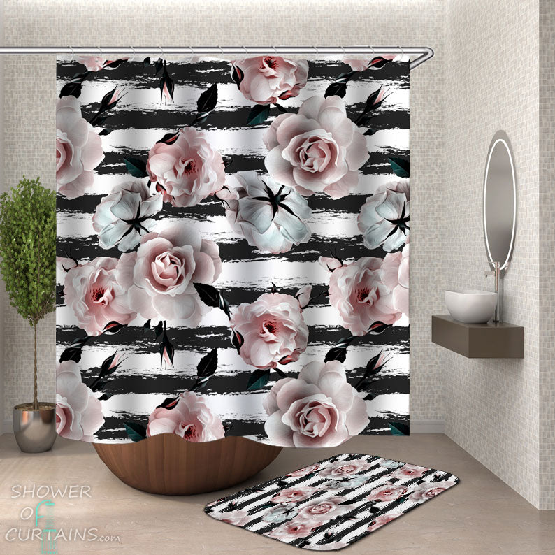 Shower Curtains with Light Pink Roses over Grey Stripes