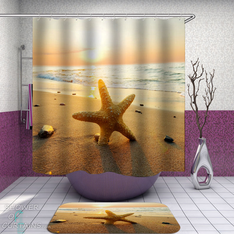 Shower Curtains with Lone Starfish at the Beach