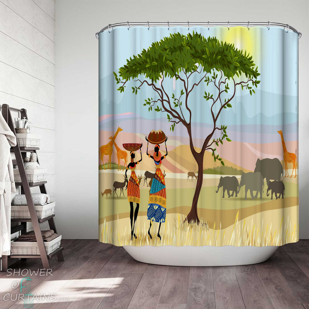 Shower Curtains with Lovely Cartoon African Scene