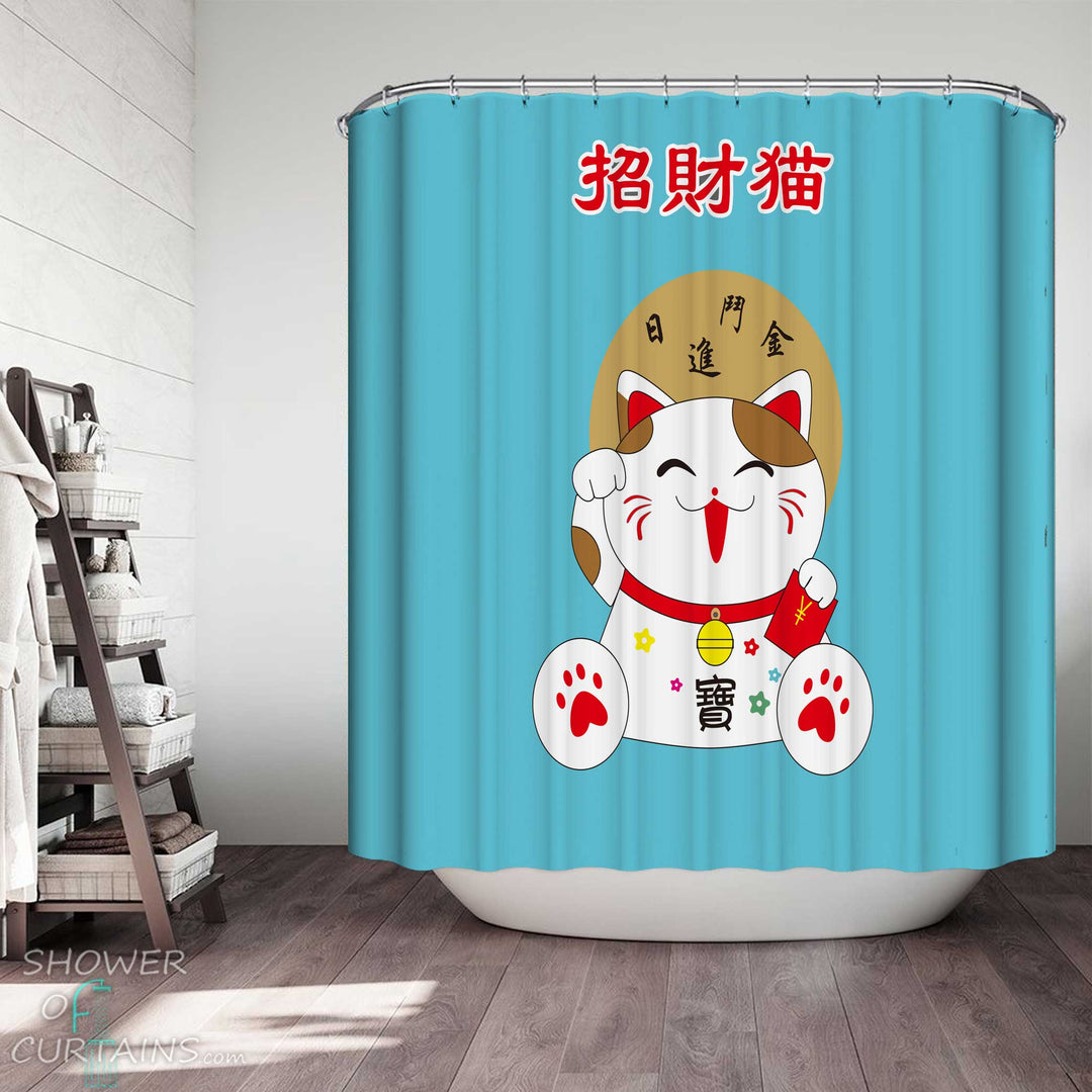 Shower Curtains with Lucky Cat over Light Blue