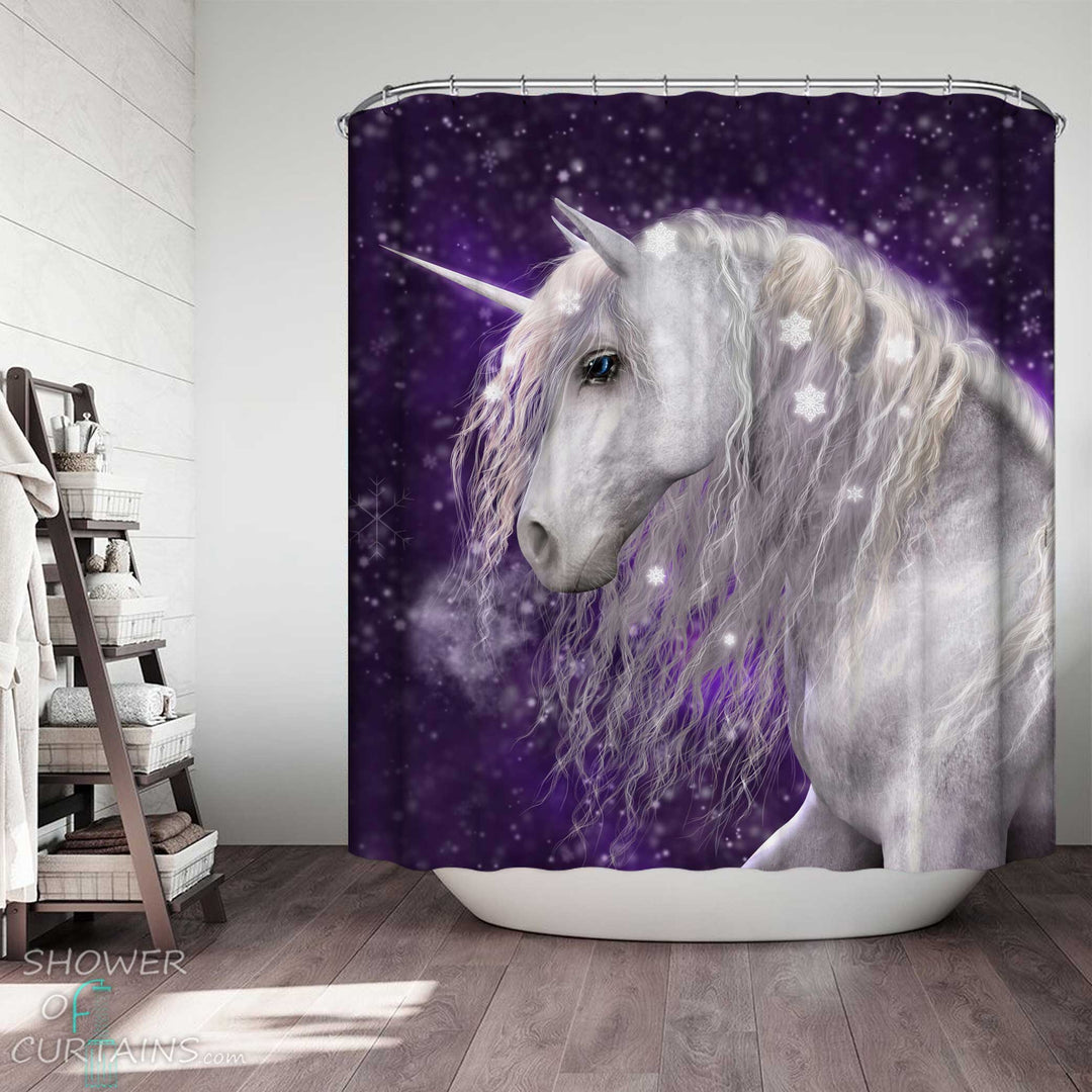 Shower Curtains with Magical Snowflakes Unicorn