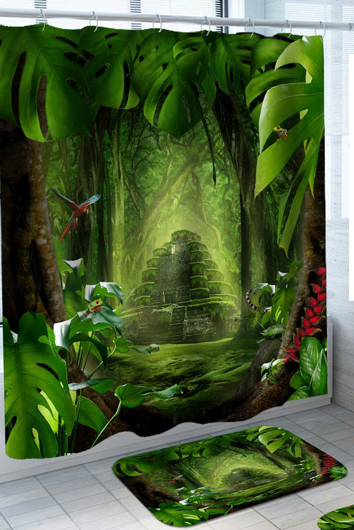 Shower Curtains with Maya Pyramid Mayan Temple in Tropical Jungle