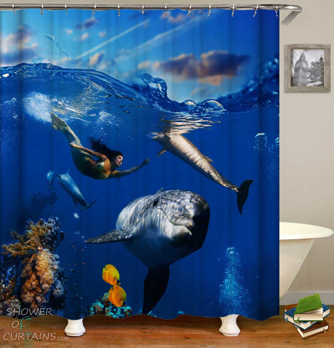 Shower Curtains with Mermaid Swimming with Dolphins