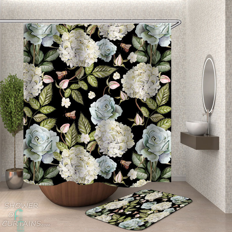 Shower Curtains with Modest Flowers and Bees