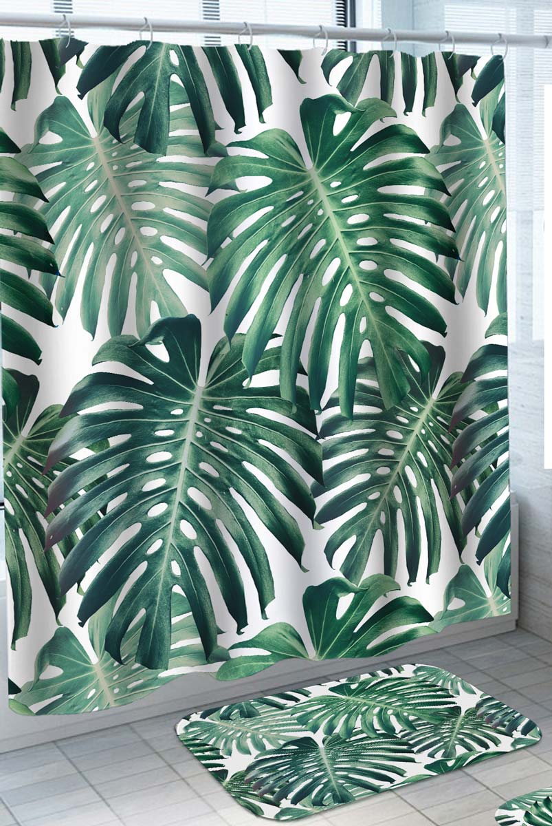 Shower Curtains with Monstera Tropical Green Leaf