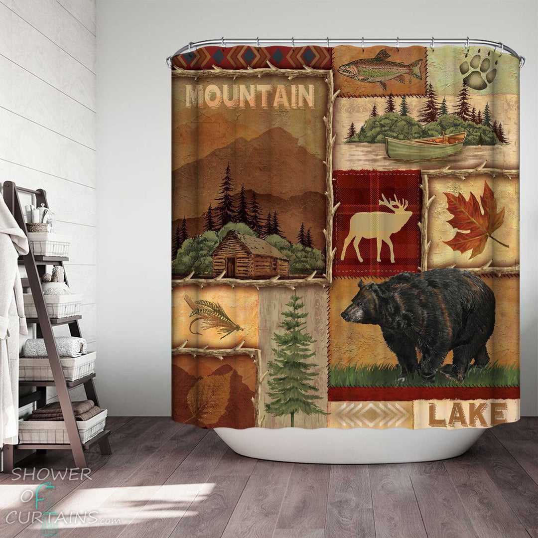 Shower Curtains with Mountain and Wild Animals Collage
