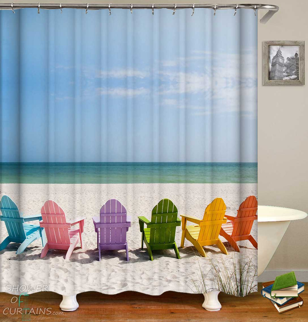 Shower Curtains with Multi Colored Beach Chairs