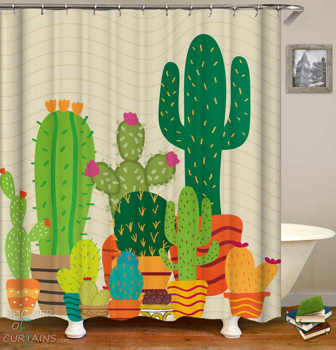 Shower Curtains with Multi Colored Cactus Drawing