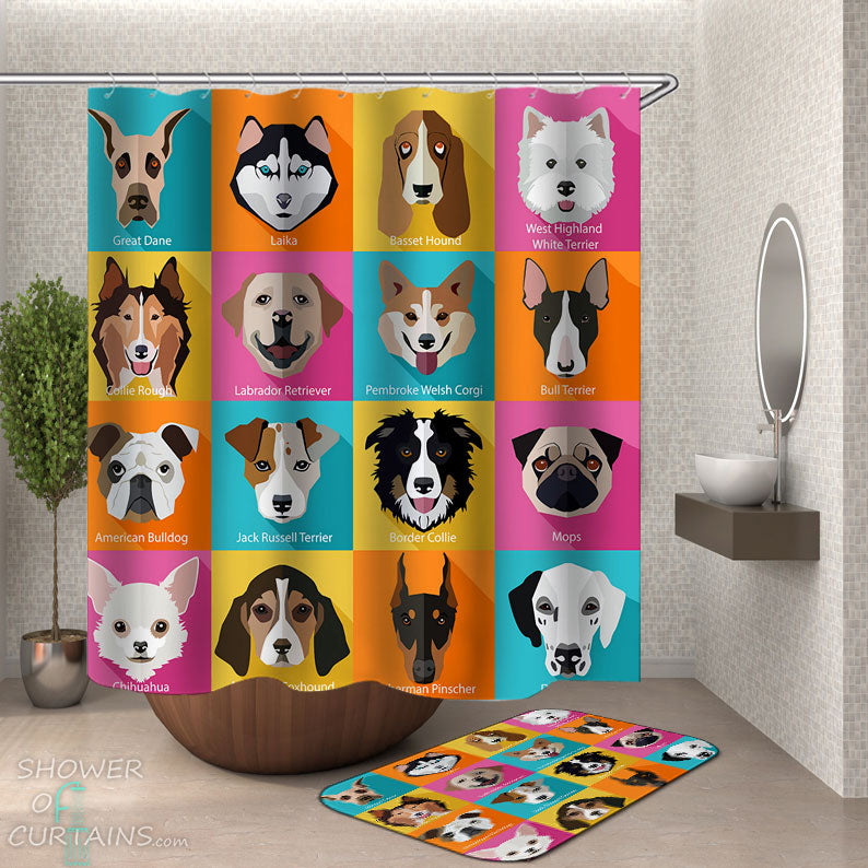 Shower Curtains with Multi Colored Checkers of Dogs