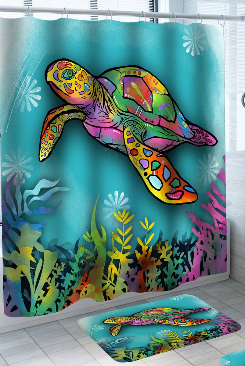 Shower Curtains with Multi Colored Corals and Turtle