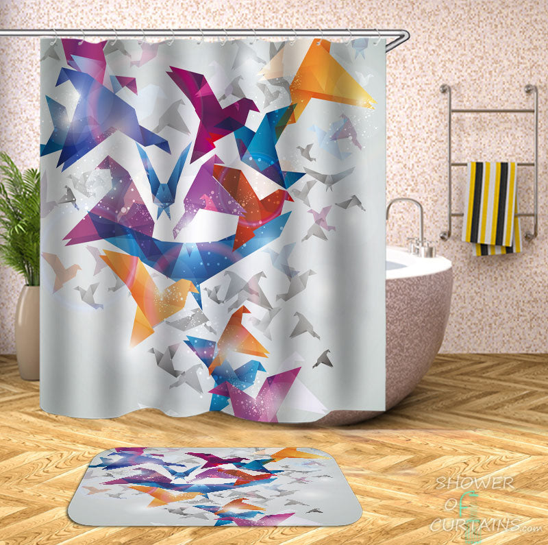 Shower Curtains with Multi Colored Origami Birds