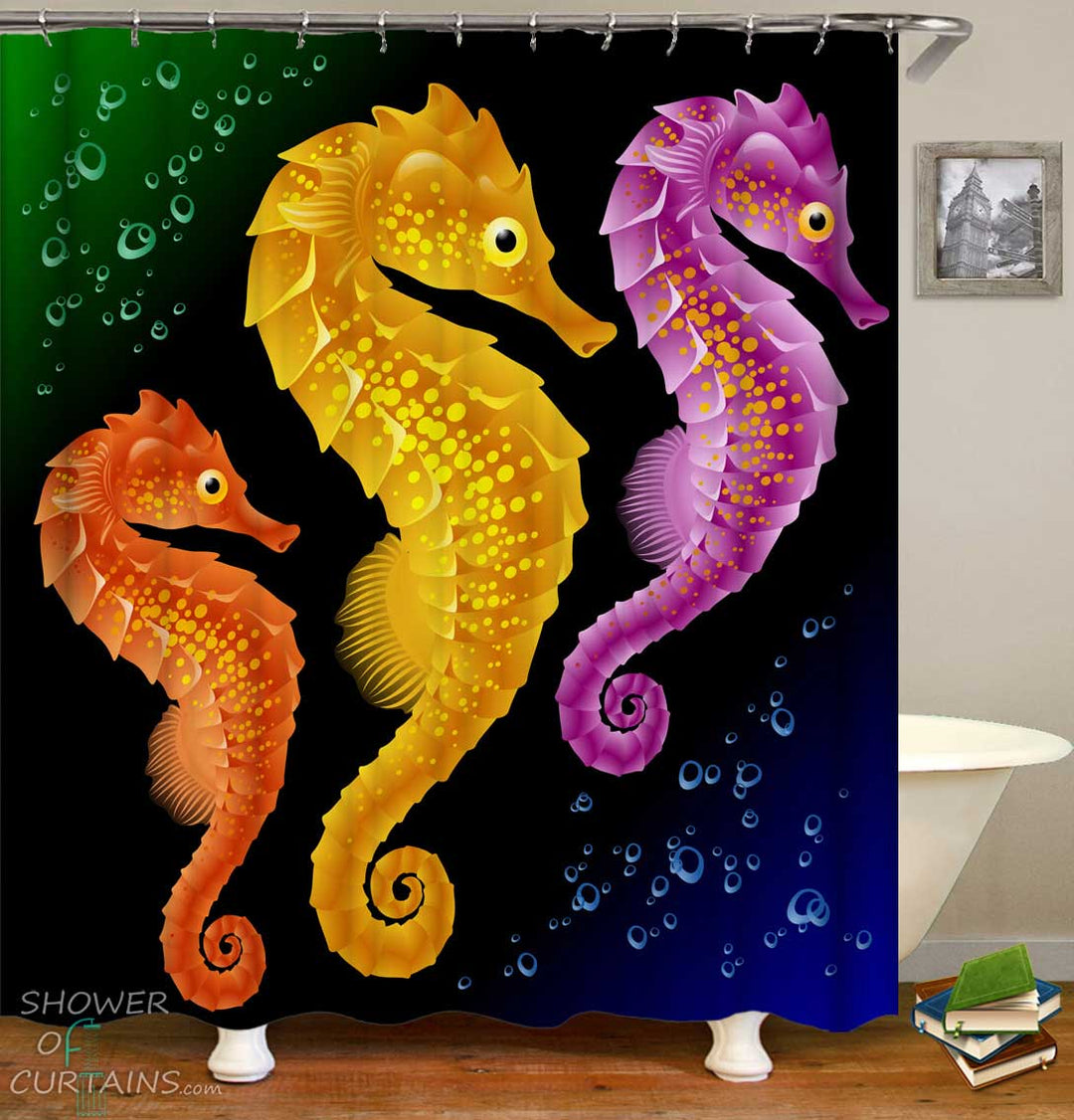 Shower Curtains with Multi Colored Seahorses