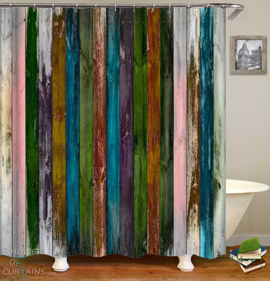 Shower Curtains with Multi Colored Worn Wooden Deck