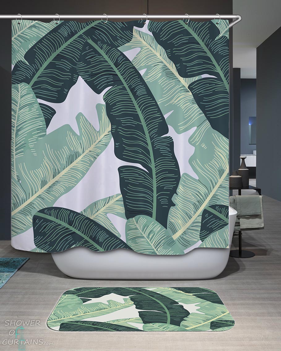 Shower Curtains with Multi Green Tropical Leaves