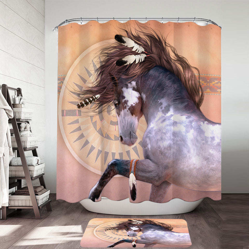 Shower Curtains with Native American Spirit White Black Pinto Horse