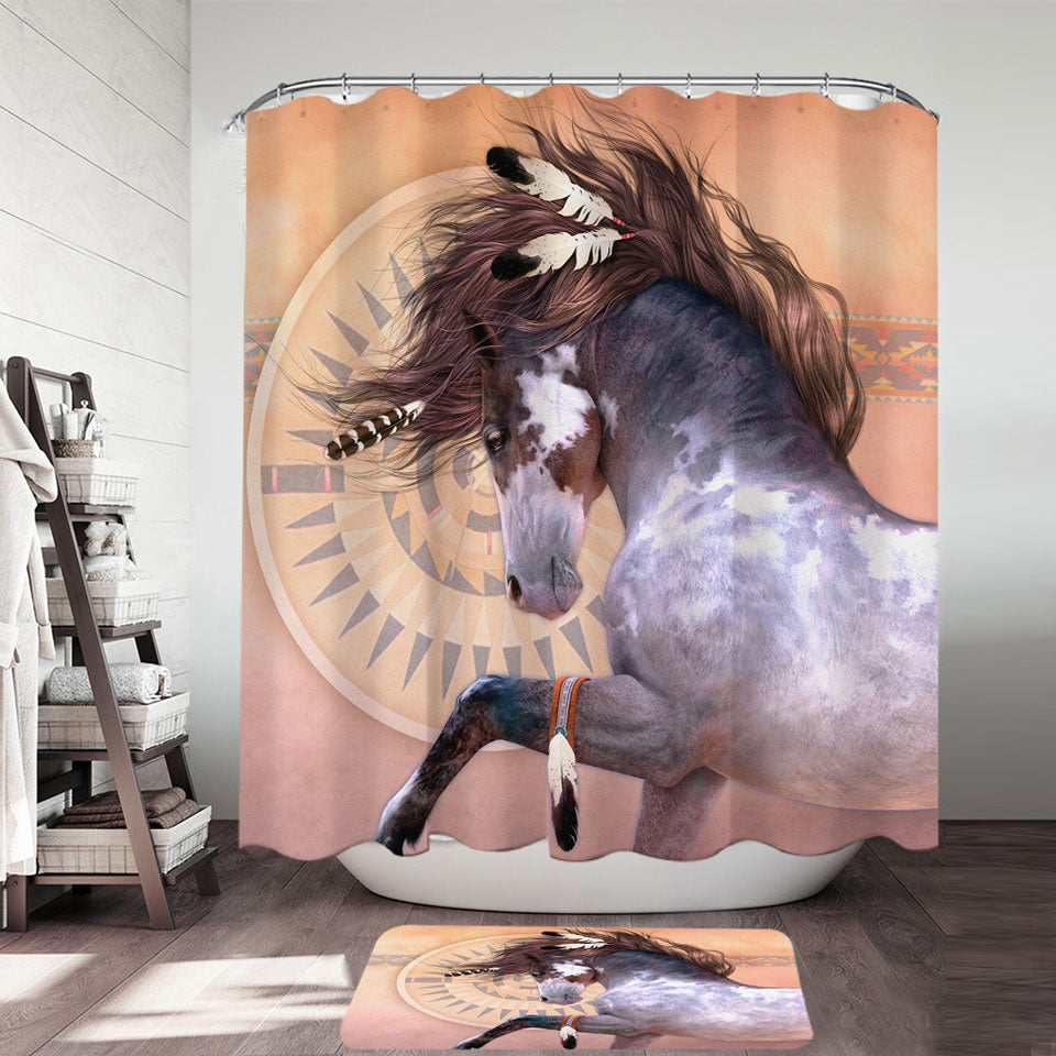 Shower Curtains with Native American Spirit White Black Pinto Horse