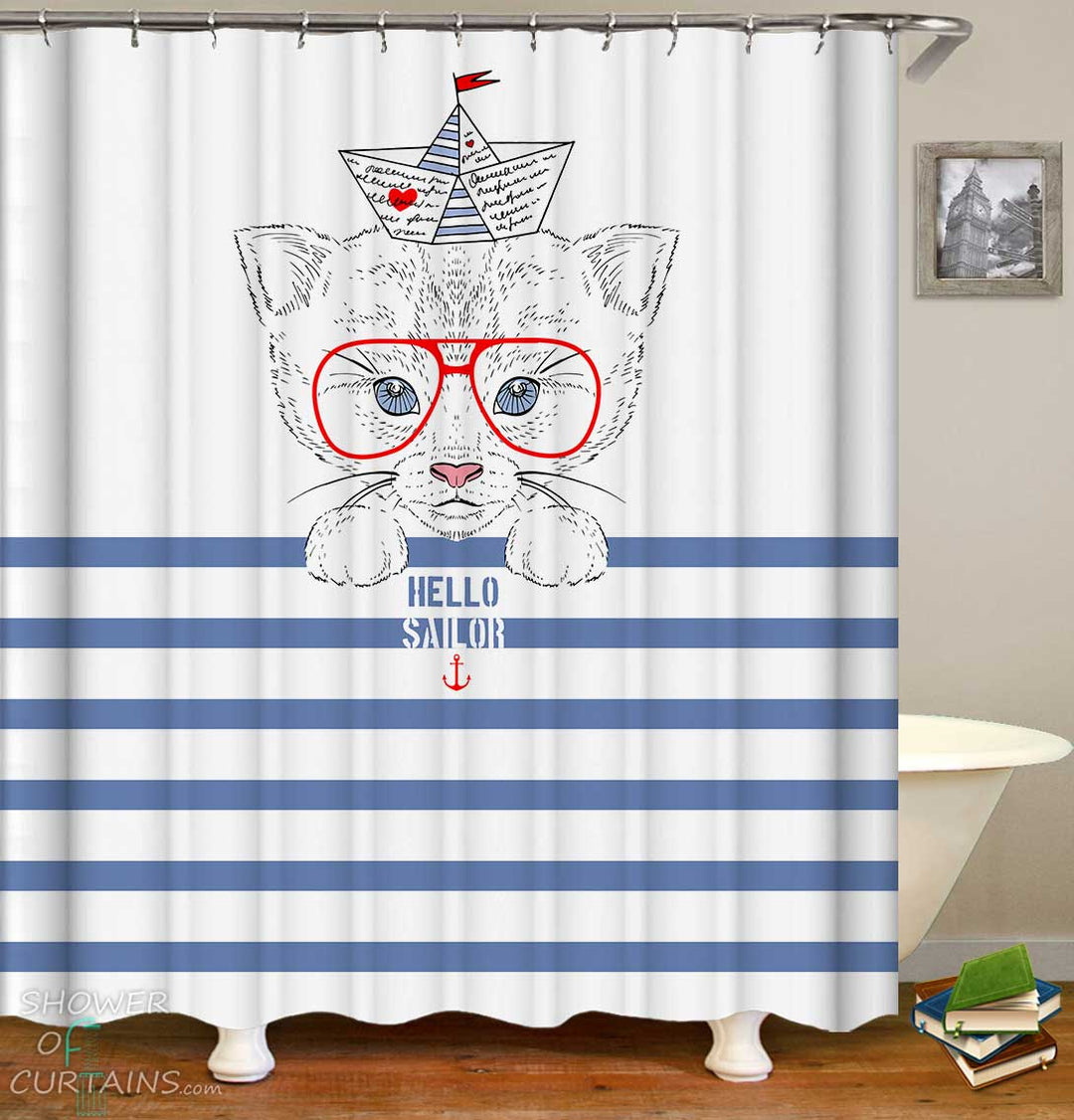 Shower Curtains with Nautical Sailor Cat