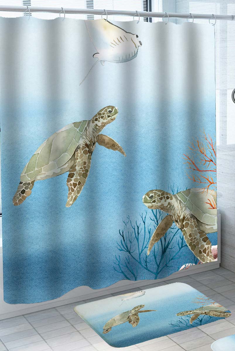 Shower Curtains with Ocean Stingray and Two Turtles