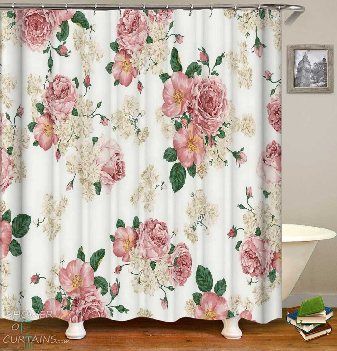 Shower Curtains with Old Fashioned Roses Pattern