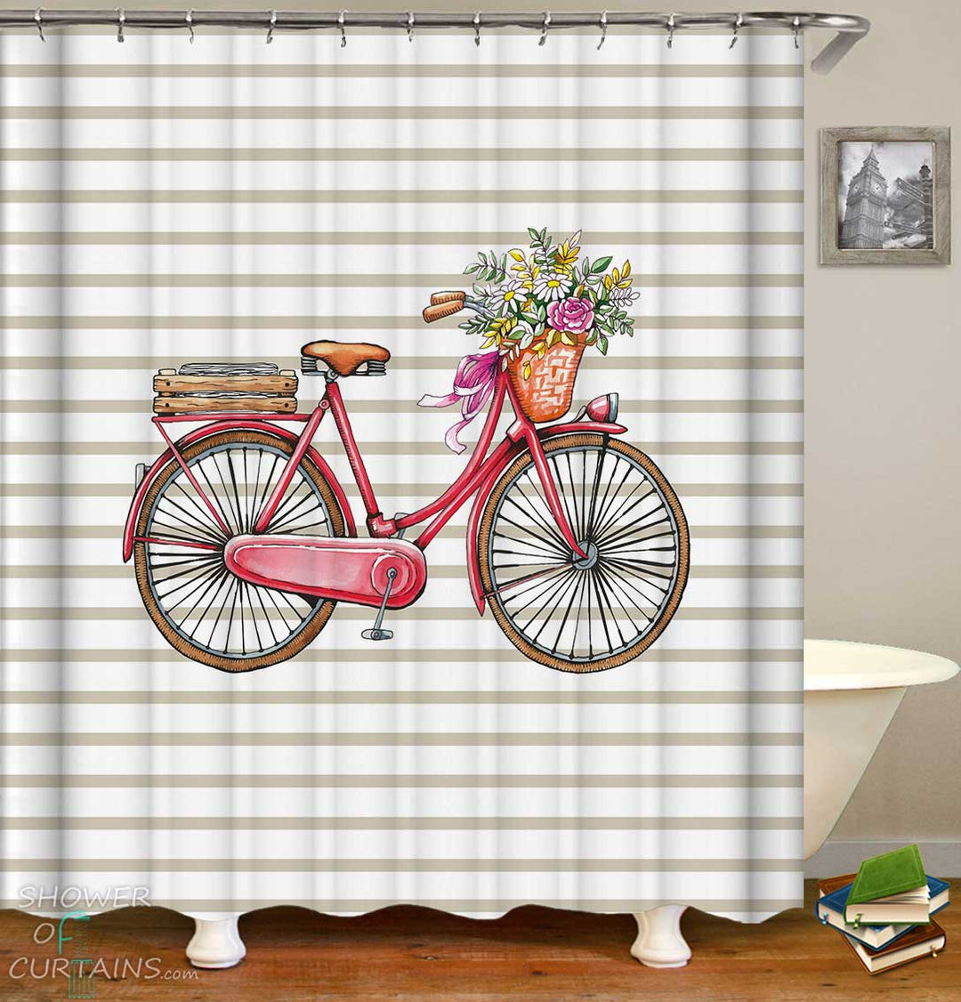 Shower Curtains with Old Style Bicycle with Flowers