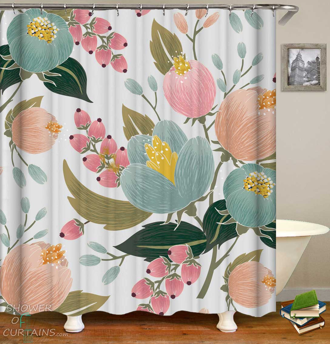 Shower Curtains with Old Style Floral Drawing