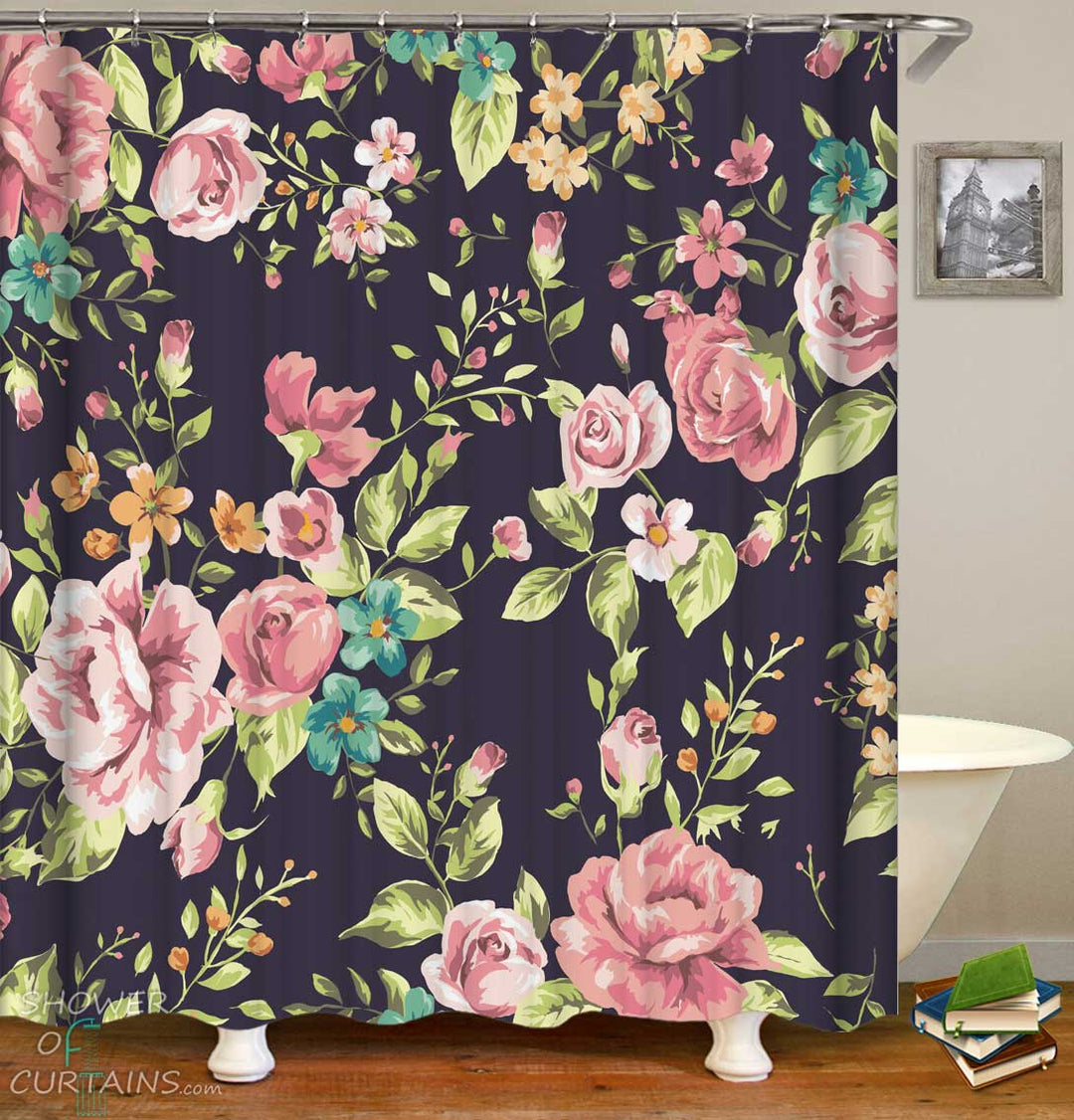 Shower Curtains with Old Style Roses Over Light Black