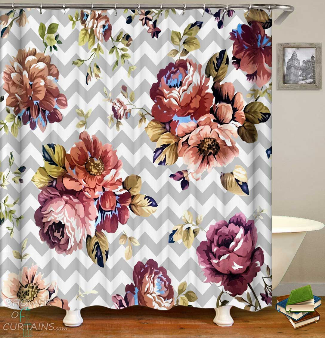 Shower Curtains with Old Style Roses over Chevron