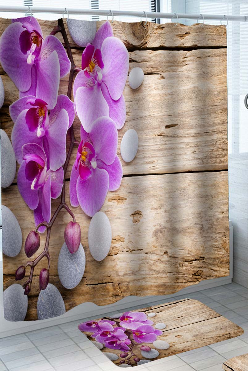 Shower Curtains with Orchid Flowers and Pebbles on Wood Deck