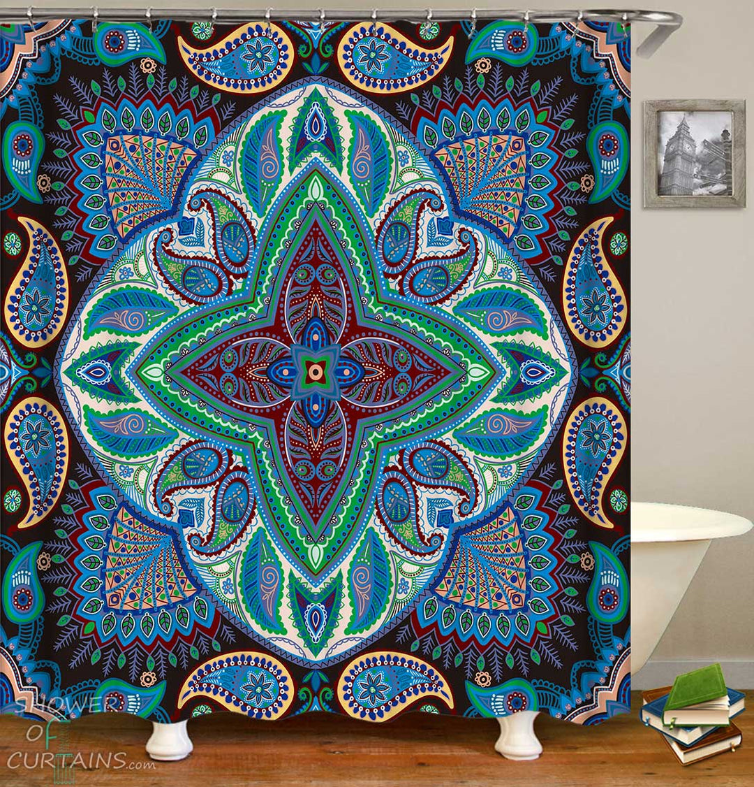 Shower Curtains with Oriental Paisley and Mandala