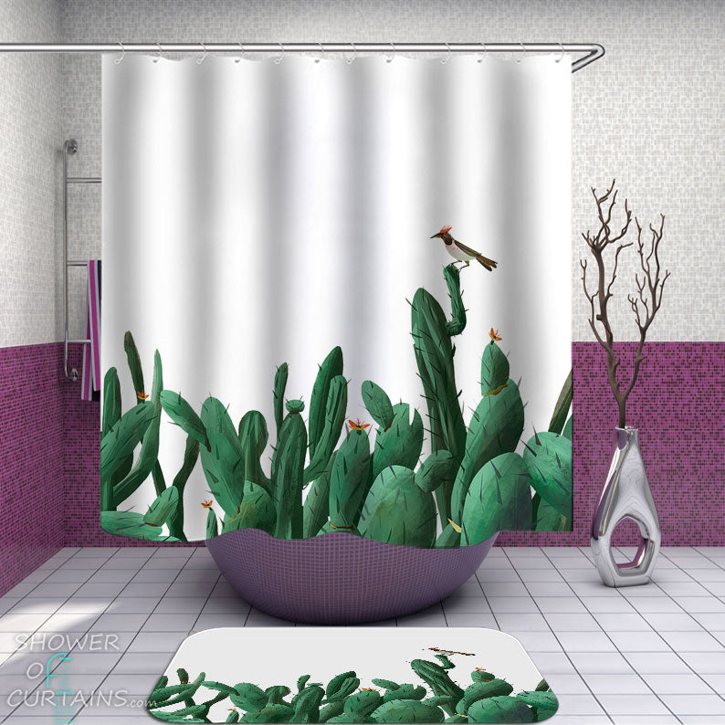 Shower Curtains with Painted Cactus and a Bird